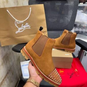 Christian Louboutin Spikes Suede Chelsea Boots Tan Premium