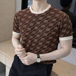Gucci Imported Monogram Brown knitted Super Premium Round Neck T-shirt F3511-BR
